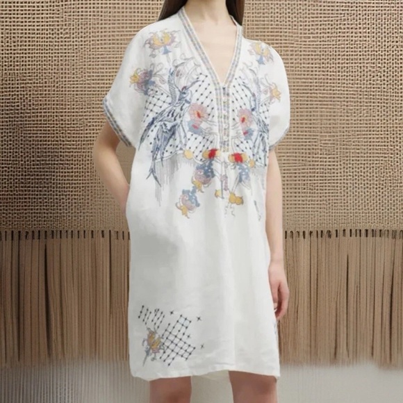 JOHNNY WAS Zippy Linen HTF Sold Out Embroidered Cranes Floral BOHO Shirt Dress M - Picture 1 of 10